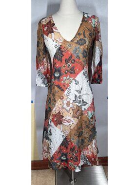 Johnny Was Frankie V-Neck Midi Dress Size XS Floral Patchwork Silk